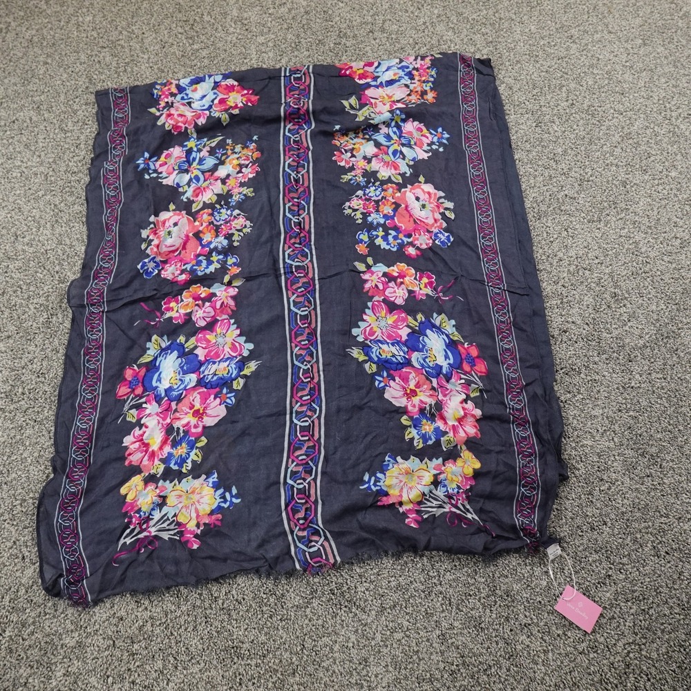 NEW Vera Bradley Scarf Womens 72x29 Navy Blue Floral Pretty Posies Soft Fringe